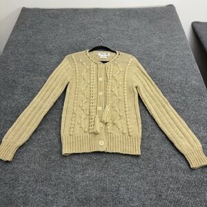 Vintage Filenes Cardigan Sweater Women M Tan Acrylic Cable Knit Tassels Retro
